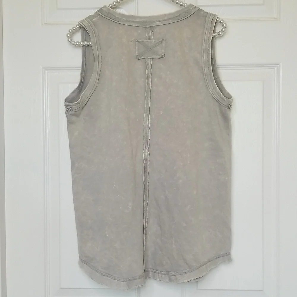 Zenana Half Button Raw Edge Washed Sleeveless Henley Top Light Olive Green - Picture 6 of 10